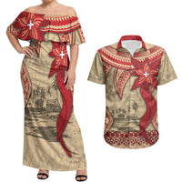 Tonga Language Week Couples Matching Off Shoulder Maxi Dress and Hawaiian Shirt Tribal Cross Ngatu Floral Pattern DT05 Red - Polynesian Pride