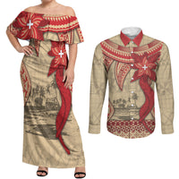 Tonga Language Week Couples Matching Off Shoulder Maxi Dress and Long Sleeve Button Shirt Tribal Cross Ngatu Floral Pattern DT05 Red - Polynesian Pride