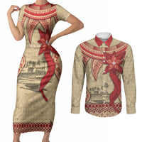 Tonga Language Week Couples Matching Short Sleeve Bodycon Dress and Long Sleeve Button Shirt Tribal Cross Ngatu Floral Pattern DT05 Red - Polynesian Pride