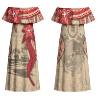 Tonga Language Week Family Matching Off Shoulder Maxi Dress and Hawaiian Shirt Tribal Cross Ngatu Floral Pattern DT05 Mom's Dress Red - Polynesian Pride
