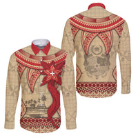 Tonga Language Week Family Matching Summer Maxi Dress and Hawaiian Shirt Tribal Cross Ngatu Floral Pattern DT05 Dad's Shirt - Long Sleeve Red - Polynesian Pride