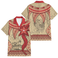 Tonga Language Week Family Matching Tank Maxi Dress and Hawaiian Shirt Tribal Cross Ngatu Floral Pattern DT05 Dad's Shirt - Short Sleeve Red - Polynesian Pride