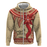 Tonga Language Week Hoodie Tribal Cross Ngatu Floral Pattern DT05 Zip Hoodie Red - Polynesian Pride