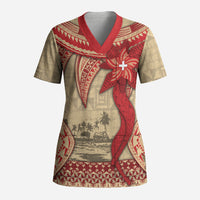 Tonga Language Week Scrub Top Tribal Cross Ngatu Floral Pattern DT05 Adult Red - Polynesian Pride