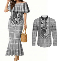 Mabuhay Philippines Festival Couples Matching Mermaid Dress and Long Sleeve Button Shirt Philippine Eagle Sun Three Stars Barong Pattern DT05 Gray - Polynesian Pride