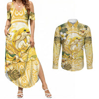 Hawaii Banana Dolphin Couples Matching Summer Maxi Dress and Long Sleeve Button Shirt Cute Cosplay Naiʻa Fish Tribal Patterns DT05 Yellow - Polynesian Pride