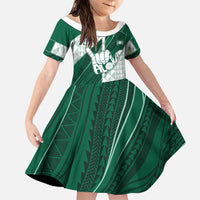 Custom Hawaii Volleyball Family Matching Off Shoulder Maxi Dress and Hawaiian Shirt Shaka Aloha Hand DT05 Daughter's Dress Green - Polynesian Pride