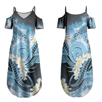 Piko Hawaiian Family Matching Summer Maxi Dress and Hawaiian Shirt Blue Galaxy Spiral Plumeria Tribal Patterns DT05 Mom's Dress Blue - Polynesian Pride