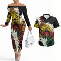 Piko Hawaiian Couples Matching Off The Shoulder Long Sleeve Dress and Hawaiian Shirt Gradient Spiral Plumeria Tribal Patterns DT05 Multicolor - Polynesian Pride