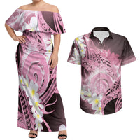 Piko Hawaiian Couples Matching Off Shoulder Maxi Dress and Hawaiian Shirt Pink Galaxy Spiral Plumeria Tribal Patterns