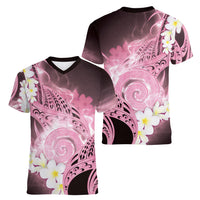 Piko Hawaiian Women V-Neck T-Shirt Pink Galaxy Spiral Plumeria Tribal Patterns