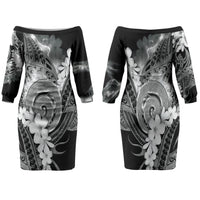 Piko Hawaiian Family Matching Off The Shoulder Long Sleeve Dress and Hawaiian Shirt Monochrome Galaxy Spiral Plumeria Tribal Patterns DT05 Mom's Dress Black - Polynesian Pride