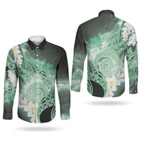 Piko Hawaiian Couples Matching Off Shoulder Maxi Dress and Long Sleeve Button Shirt Green Galaxy Spiral Plumeria Tribal Patterns