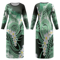 Piko Hawaiian Family Matching Long Sleeve Bodycon Dress and Hawaiian Shirt Green Galaxy Spiral Plumeria Tribal Patterns DT05 Mom's Dress Green - Polynesian Pride