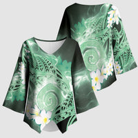 Piko Hawaiian Kimono Sleeve Blouse Green Galaxy Spiral Plumeria Tribal Patterns