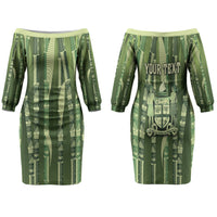 Personalised Fiji Language Week Sugarcane Masi Family Matching Off The Shoulder Long Sleeve Dress and Hawaiian Shirt Green Tapa Tribal Pattern DT05 Mom's Dress Green - Polynesian Pride