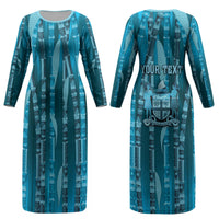 Personalised Fiji Language Week Sugarcane Masi Couples Matching Long Sleeve Bodycon Dress and Hawaiian Shirt Blue Tapa Tribal Pattern