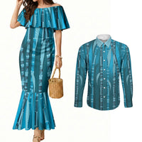 Personalised Fiji Language Week Sugarcane Masi Couples Matching Mermaid Dress and Long Sleeve Button Shirt Blue Tapa Tribal Pattern DT05 Blue - Polynesian Pride