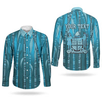 Personalised Fiji Language Week Sugarcane Masi Couples Matching Off Shoulder Short Dress and Long Sleeve Button Shirt Blue Tapa Tribal Pattern DT05 - Polynesian Pride