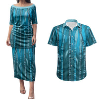 Personalised Fiji Language Week Sugarcane Masi Couples Matching Puletasi and Hawaiian Shirt Blue Tapa Tribal Pattern DT05 Blue - Polynesian Pride