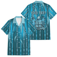Personalised Fiji Language Week Sugarcane Masi Family Matching Off The Shoulder Long Sleeve Dress and Hawaiian Shirt Blue Tapa Tribal Pattern DT05 Dad's Shirt - Short Sleeve Blue - Polynesian Pride