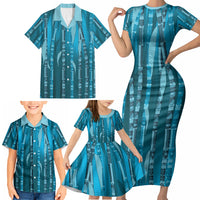Personalised Fiji Language Week Sugarcane Masi Family Matching Short Sleeve Bodycon Dress and Hawaiian Shirt Blue Tapa Tribal Pattern DT05 - Polynesian Pride