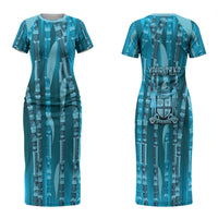 Personalised Fiji Language Week Sugarcane Masi Family Matching Short Sleeve Bodycon Dress and Hawaiian Shirt Blue Tapa Tribal Pattern DT05 Mom's Dress Blue - Polynesian Pride