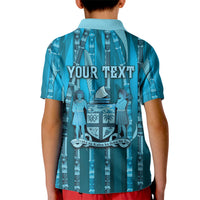 Personalised Fiji Language Week Sugarcane Masi Kid Polo Shirt Blue Tapa Tribal Pattern