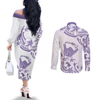 Aloha Hawaii Shaka Couples Matching Off The Shoulder Long Sleeve Dress and Long Sleeve Button Shirt Hang Loose Purple Version - Polynesian Pride