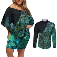 Personalised New Zealand Dart Couples Matching Off Shoulder Short Dress and Long Sleeve Button Shirt Maori Fern With Paua Shell - Polynesian Pride