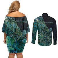 Personalised New Zealand Dart Couples Matching Off Shoulder Short Dress and Long Sleeve Button Shirt Maori Fern With Paua Shell - Polynesian Pride