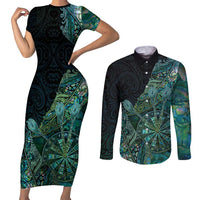 Personalised New Zealand Dart Couples Matching Short Sleeve Bodycon Dress and Long Sleeve Button Shirt Maori Fern With Paua Shell - Polynesian Pride
