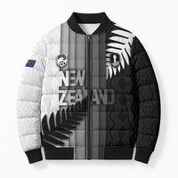 Custom New Zealand Football Bomber Puffer Jacket Silver Fern Maori Pattern Monochrome DT05 Unisex White - Polynesian Pride