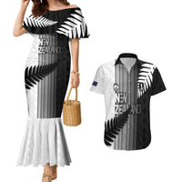 Custom New Zealand Football Couples Matching Mermaid Dress and Hawaiian Shirt Silver Fern Maori Pattern Monochrome