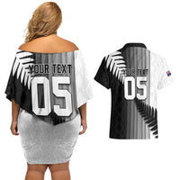 Custom New Zealand Football Couples Matching Off Shoulder Short Dress and Hawaiian Shirt Silver Fern Maori Pattern Monochrome