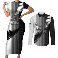 Custom New Zealand Football Couples Matching Short Sleeve Bodycon Dress and Long Sleeve Button Shirt Silver Fern Maori Pattern Monochrome