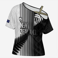 Custom New Zealand Football Cross Shoulder Shirt Silver Fern Maori Pattern Monochrome DT05 Female White - Polynesian Pride