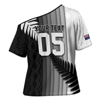 Custom New Zealand Football Cross Shoulder Shirt Silver Fern Maori Pattern Monochrome DT05 - Polynesian Pride