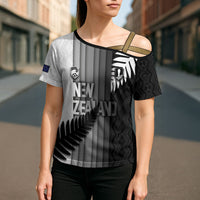 Custom New Zealand Football Cross Shoulder Shirt Silver Fern Maori Pattern Monochrome DT05 - Polynesian Pride