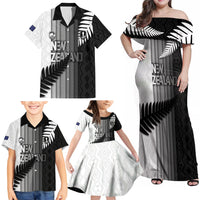 Custom New Zealand Football Family Matching Off Shoulder Maxi Dress and Hawaiian Shirt Silver Fern Maori Pattern Monochrome