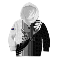 Custom New Zealand Football Kid Hoodie Silver Fern Maori Pattern Monochrome DT05 Zip Hoodie White - Polynesian Pride