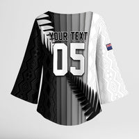 Custom New Zealand Football Kimono Sleeve Blouse Silver Fern Maori Pattern Monochrome DT05 - Polynesian Pride
