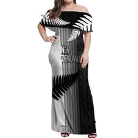 Custom New Zealand Football Off Shoulder Maxi Dress Silver Fern Maori Pattern Monochrome DT05 Women White - Polynesian Pride