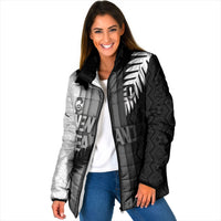 Custom New Zealand Football Padded Jacket Silver Fern Maori Pattern Monochrome DT05 Women White - Polynesian Pride