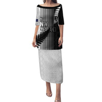 Custom New Zealand Football Puletasi Silver Fern Maori Pattern Monochrome DT05 Long Dress White - Polynesian Pride