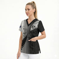 Custom New Zealand Football Scrub Top Silver Fern Maori Pattern Monochrome DT05 - Polynesian Pride