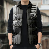 Custom New Zealand Football Sleeveless Puffer Jacket Silver Fern Maori Pattern Monochrome DT05 - Polynesian Pride