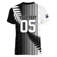 Custom New Zealand Football Women V-Neck T-Shirt Silver Fern Maori Pattern Monochrome