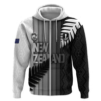 Custom New Zealand Football Zip Hoodie Silver Fern Maori Pattern Monochrome DT05 Zip Hoodie White - Polynesian Pride