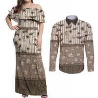 Hawaii Christmas In July Couples Matching Off Shoulder Maxi Dress and Long Sleeve Button Shirt Beige Mele Kalikimaka Sea Animals
